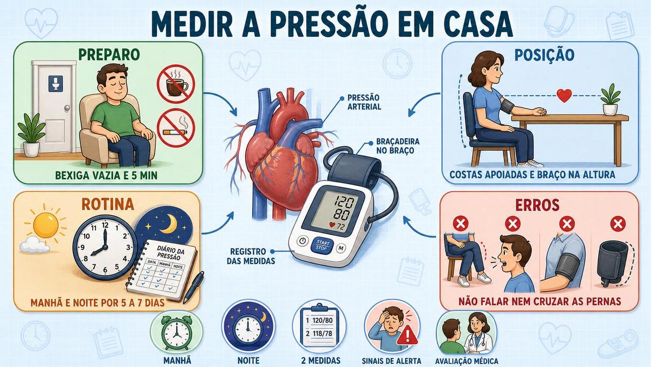 Preparo, posição, rotina e erros comuns orientam a medição domiciliar da pressão.
