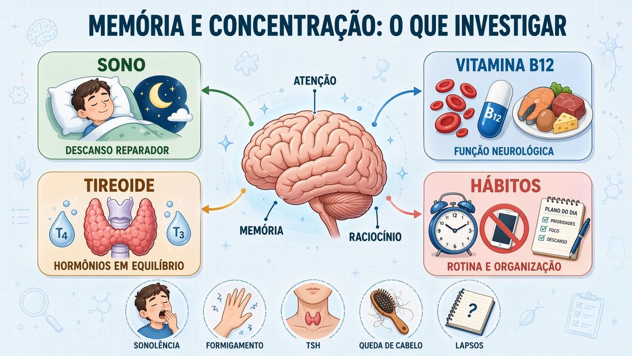 Infográfico resume quatro pilares da investigação de memória fraca e concentração.