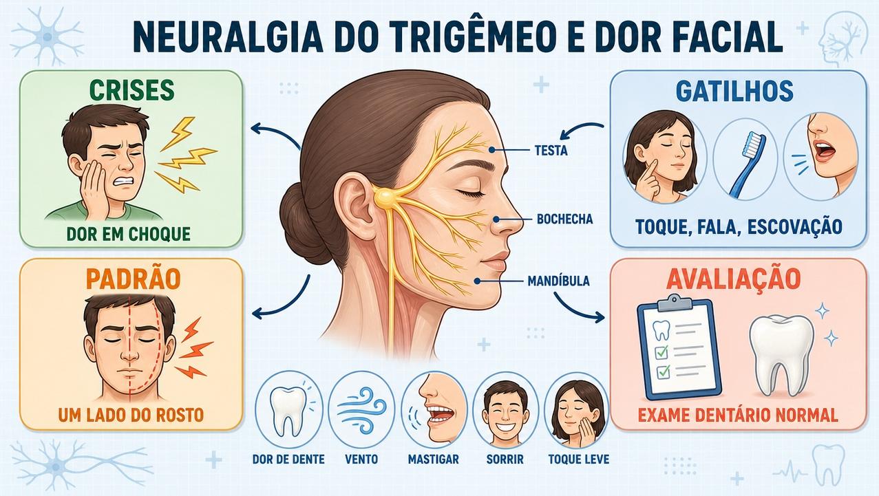 Crises, gatilhos, padrão unilateral e avaliação ajudam a diferenciar a dor facial.