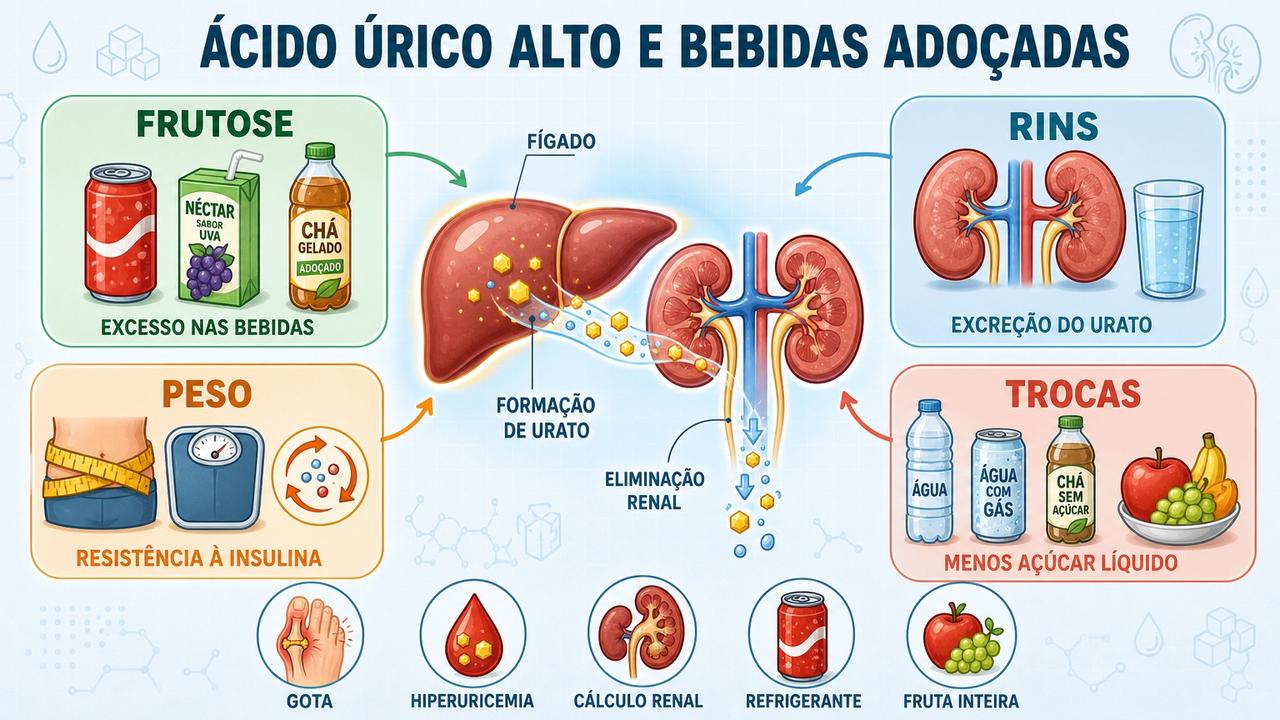 Frutose, rins, peso e trocas alimentares influenciam o risco de hiperuricemia.