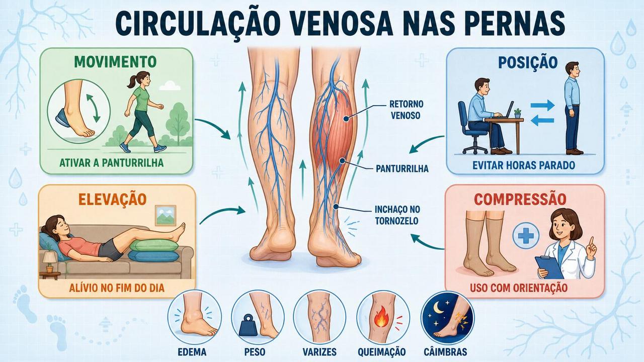 Movimento, posição, elevação e compressão ajudam a aliviar sintomas venosos.