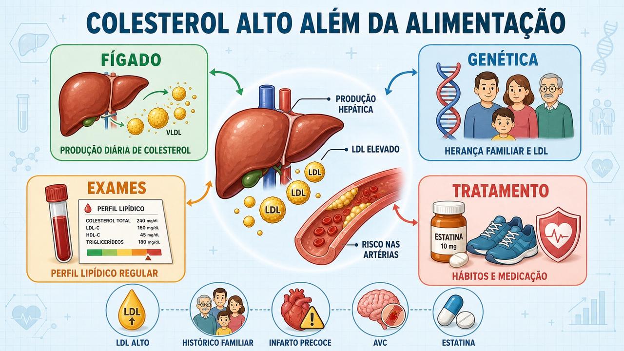 Infográfico resume fígado, genética, exames e tratamento no controle do LDL.