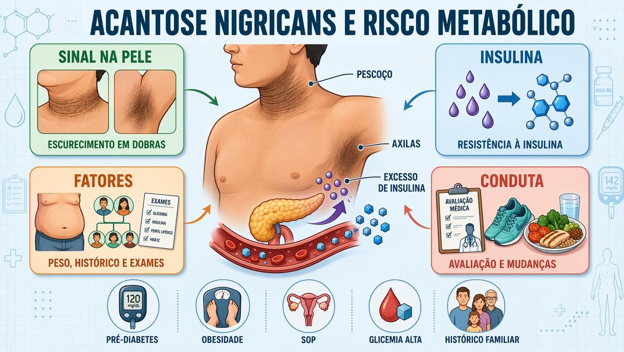 Infográfico resume sinais, fatores, mecanismo e conduta na acantose nigricans.
