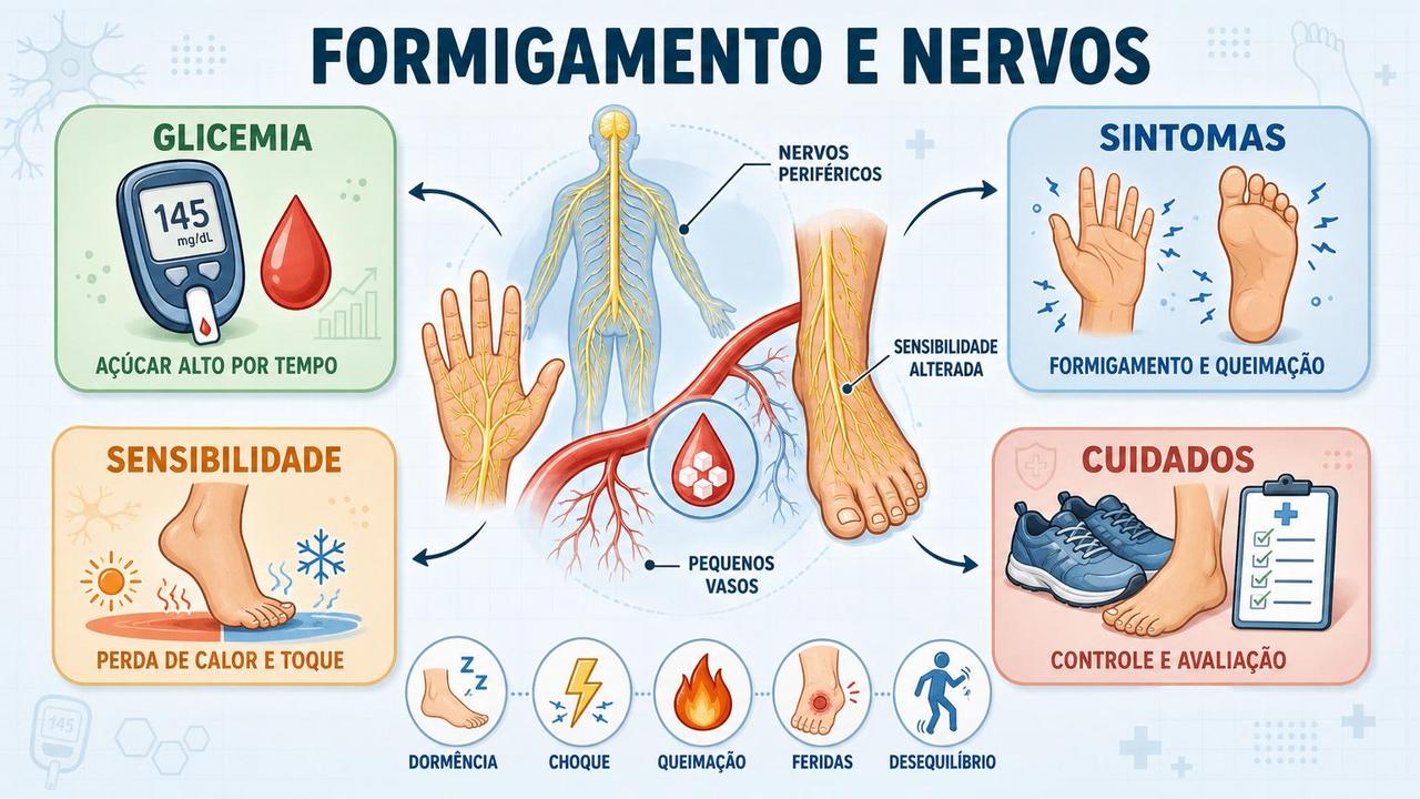 Infográfico resume glicemia, sintomas, sensibilidade e cuidados na neuropatia periférica.