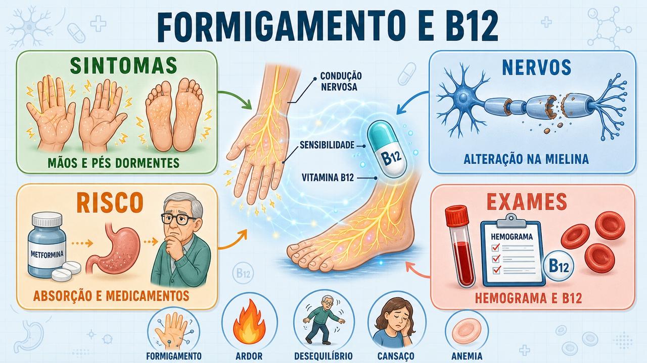 Sintomas, nervos, fatores de risco e exames orientam a investigação da B12.