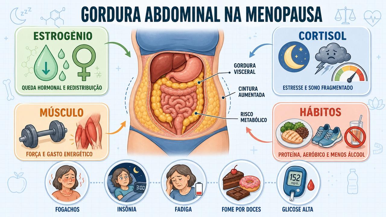 Estrogênio, cortisol, músculo e hábitos influenciam a gordura abdominal na menopausa.