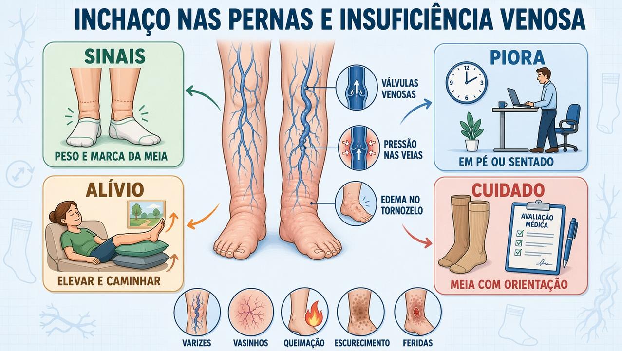 Sinais, piora, alívio e cuidados orientam a suspeita de insuficiência venosa.