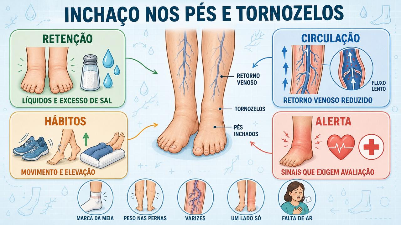 Infográfico mostra causas, hábitos úteis e sinais de alerta do edema.