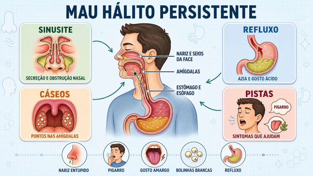 Sinusite, refluxo, cáseos e sintomas associados ajudam a identificar a causa.