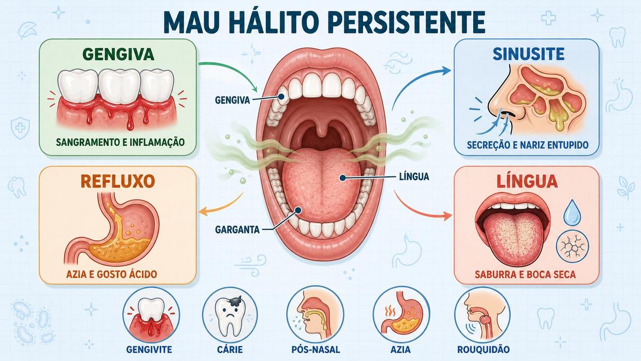 Quatro causas comuns do mau hálito e sinais que ajudam na investigação.