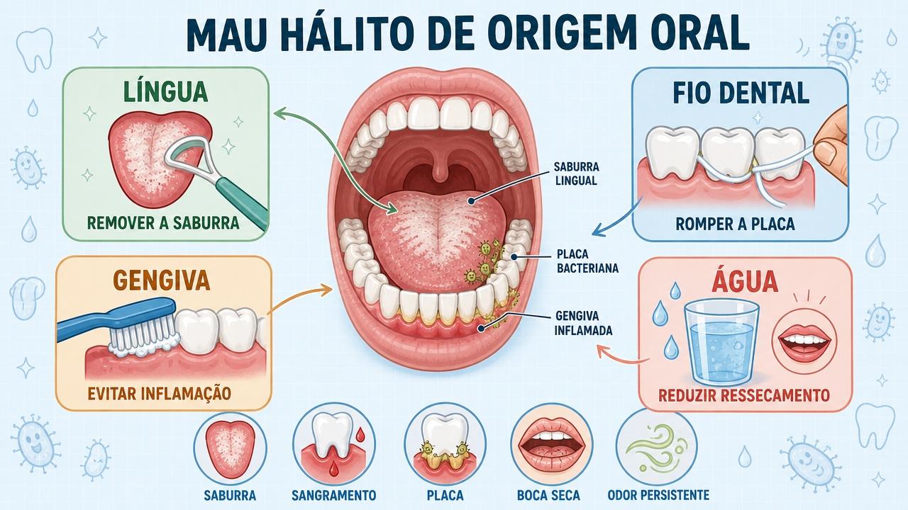 Língua, fio dental, gengiva e água formam pilares contra a halitose.
