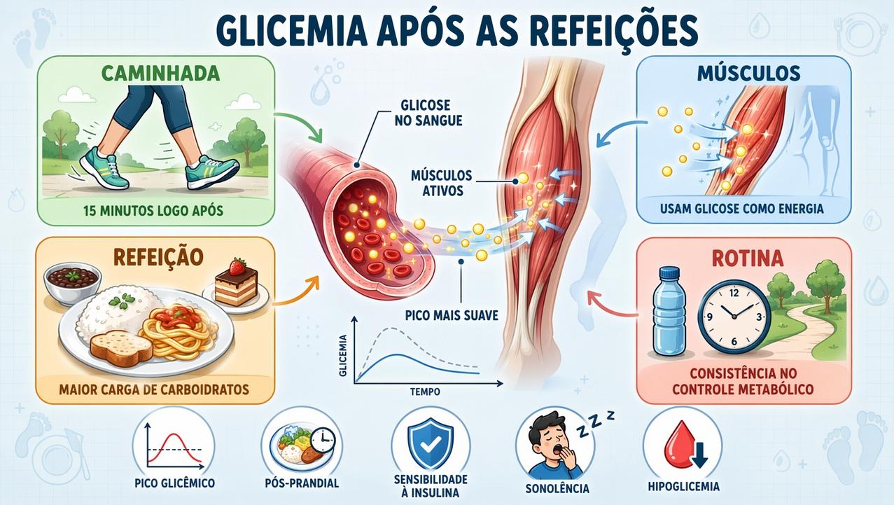 Infográfico mostra como caminhada, músculos, refeição e rotina influenciam a glicemia.