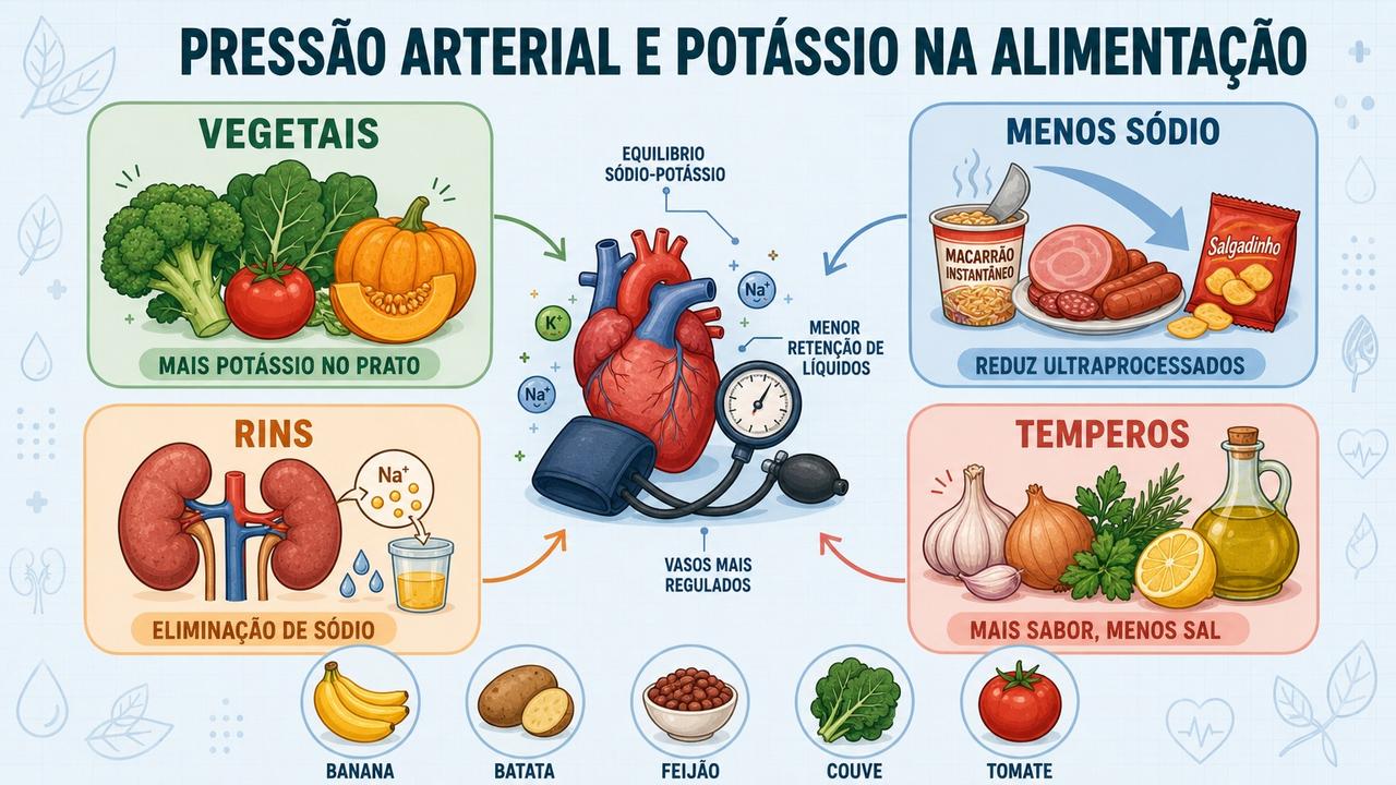 Quatro pilares ajudam a reduzir sódio e apoiar a pressão arterial.