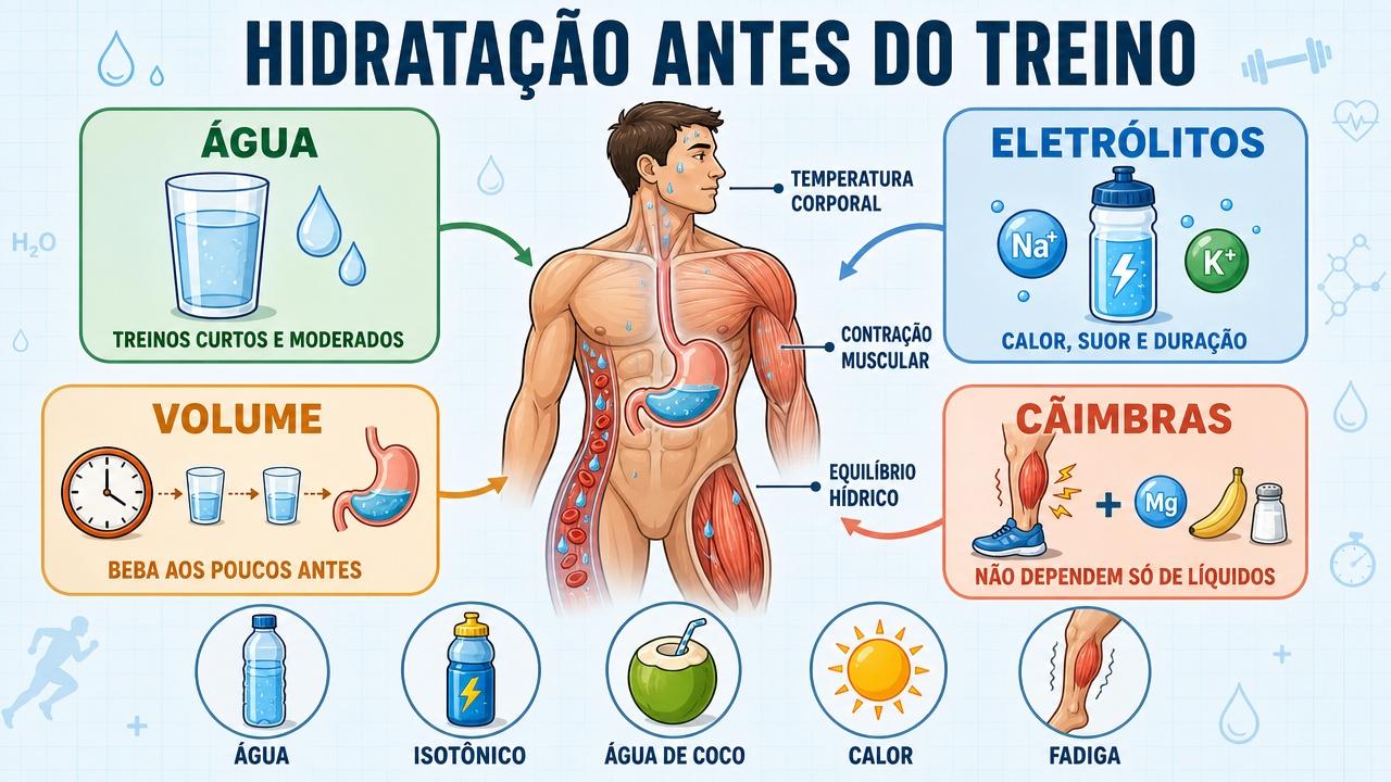 Água, eletrólitos, volume e fadiga orientam a hidratação pré-treino eficaz.