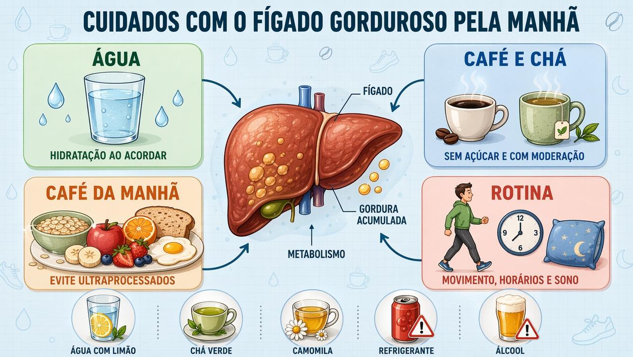 Hidratação, bebidas sem açúcar, café da manhã adequado e rotina sustentam o fígado.