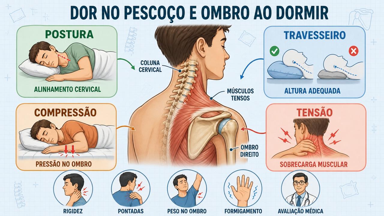 Infográfico resume postura, travesseiro, compressão e tensão muscular durante o sono.