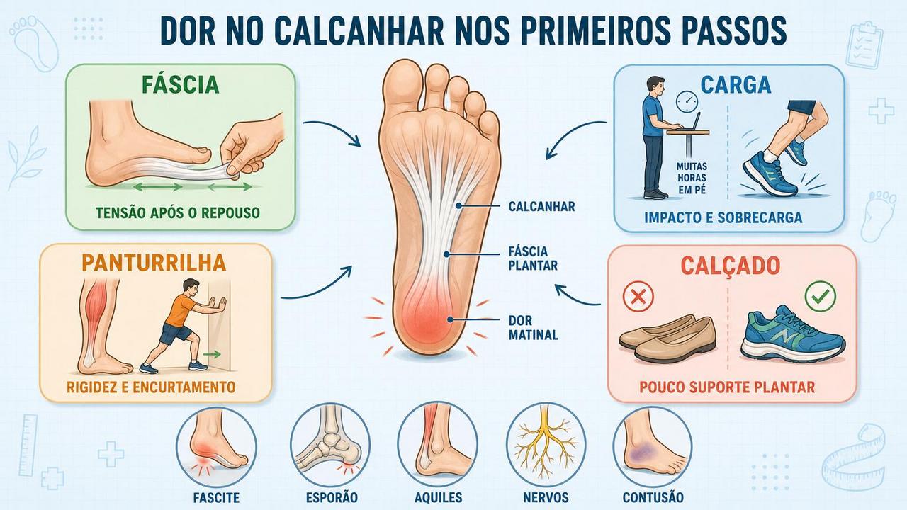Fáscia, carga, panturrilha e calçado influenciam a dor matinal no calcanhar.