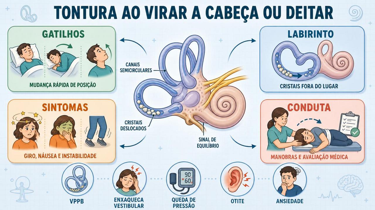 Infográfico resume gatilhos, labirinto, sintomas e conduta na tontura posicional.