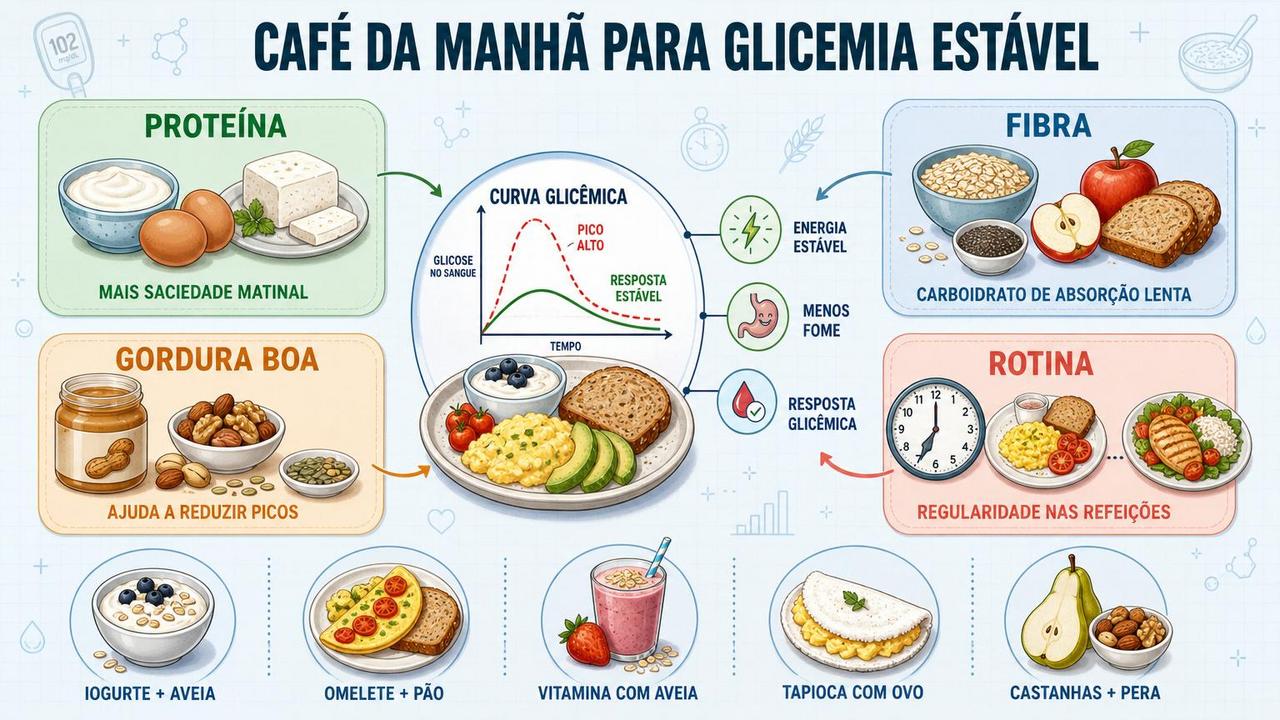 Quatro pilares do café da manhã para saciedade e controle glicêmico.