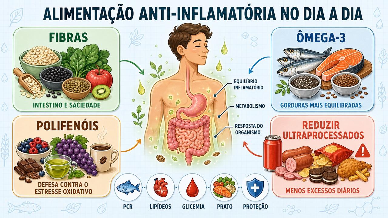 Fibras, ômega-3, polifenóis e menos ultraprocessados formam a base anti-inflamatória.
