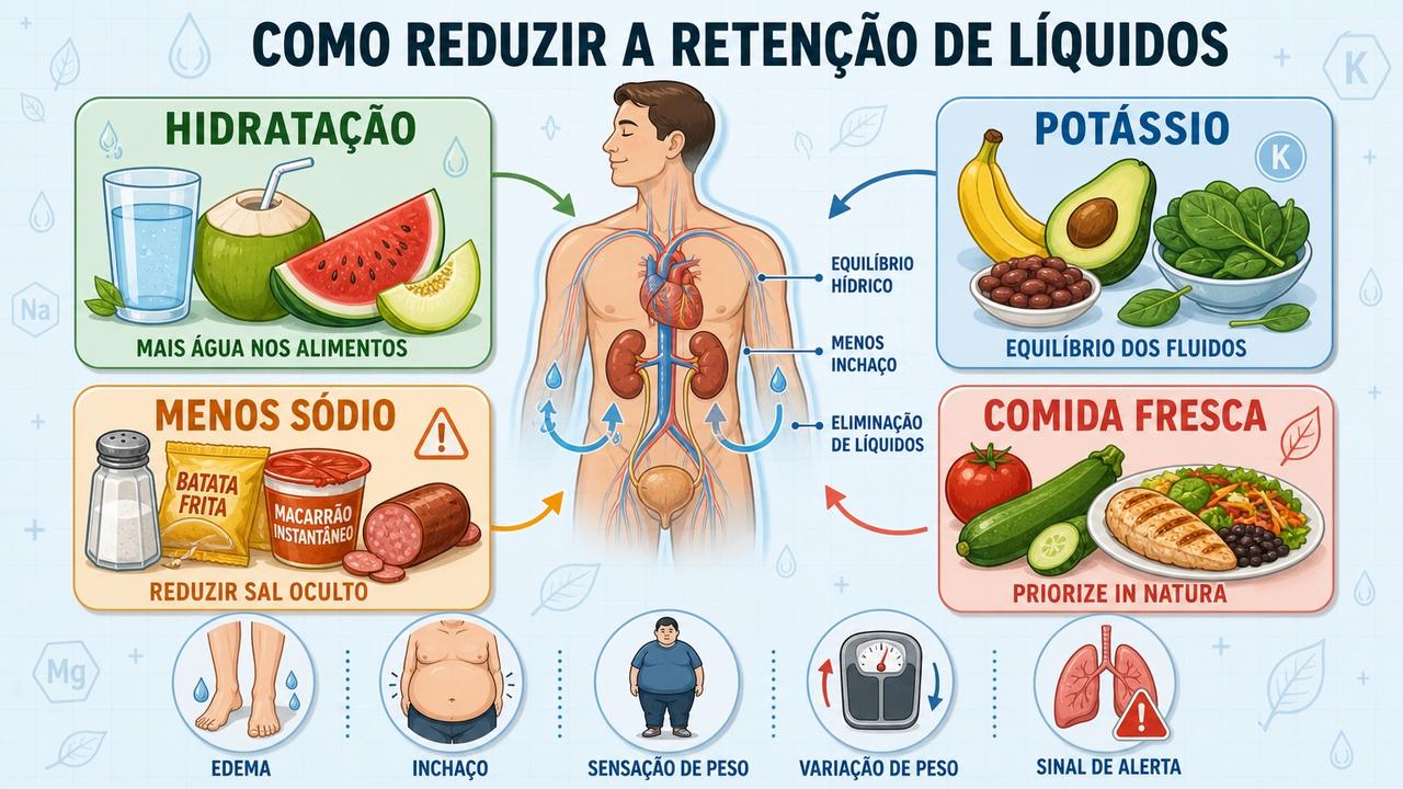 Hidratação, potássio, menos sódio e comida fresca favorecem menos retenção.