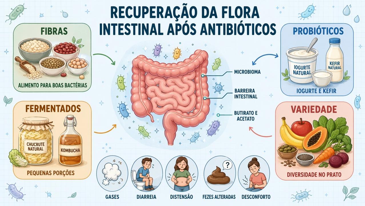 Fibras, probióticos, fermentados e variedade sustentam a recuperação do microbioma intestinal.