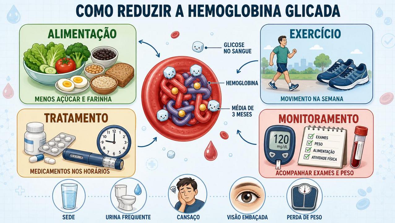 Alimentação, exercício, tratamento e monitoramento ajudam a reduzir a HbA1c.