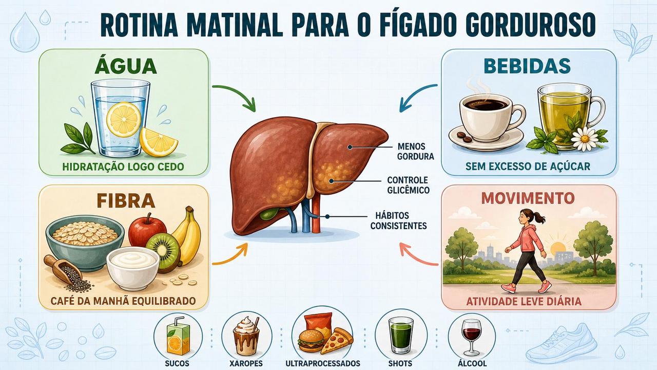 Hidratação, bebidas simples, fibra e movimento sustentam o cuidado diário do fígado.