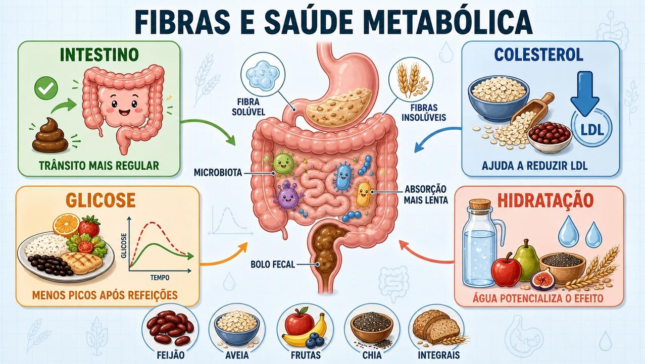 Infográfico resume os quatro pilares do efeito das fibras no organismo.