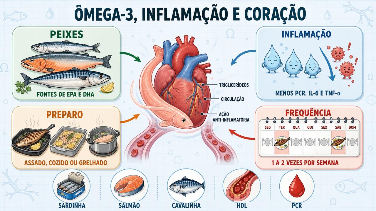 Infográfico resume fontes, preparo, frequência e efeitos cardiovasculares do ômega-3.