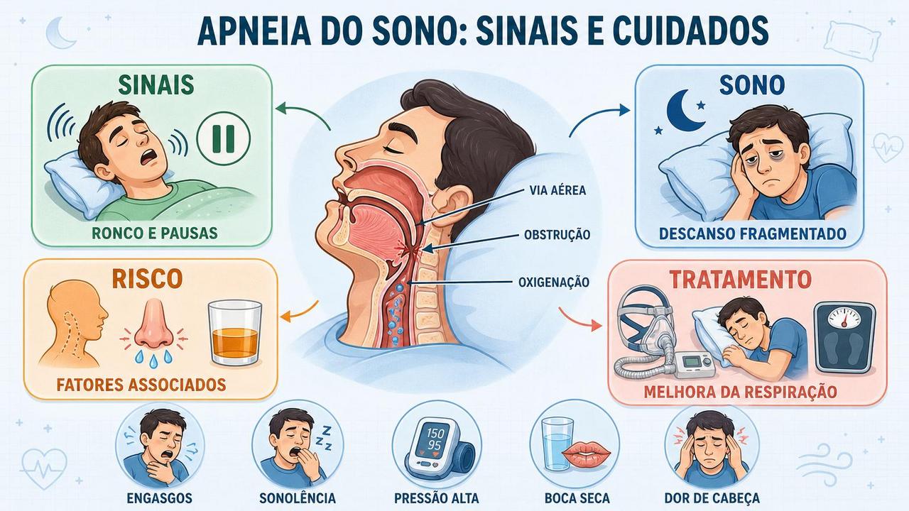 Infográfico resume sinais, riscos, impacto no sono e tratamento da apneia.