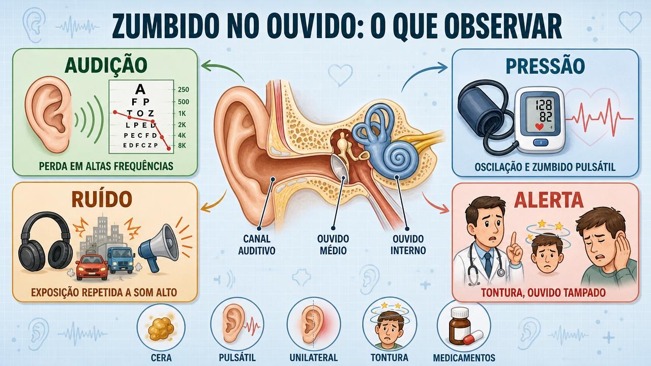 Audição, pressão, ruído e sinais de alerta orientam a investigação do zumbido.