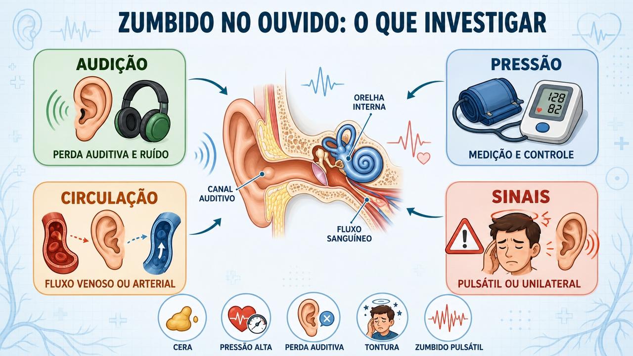 Infográfico resume audição, pressão, circulação e sinais de alerta do zumbido.
