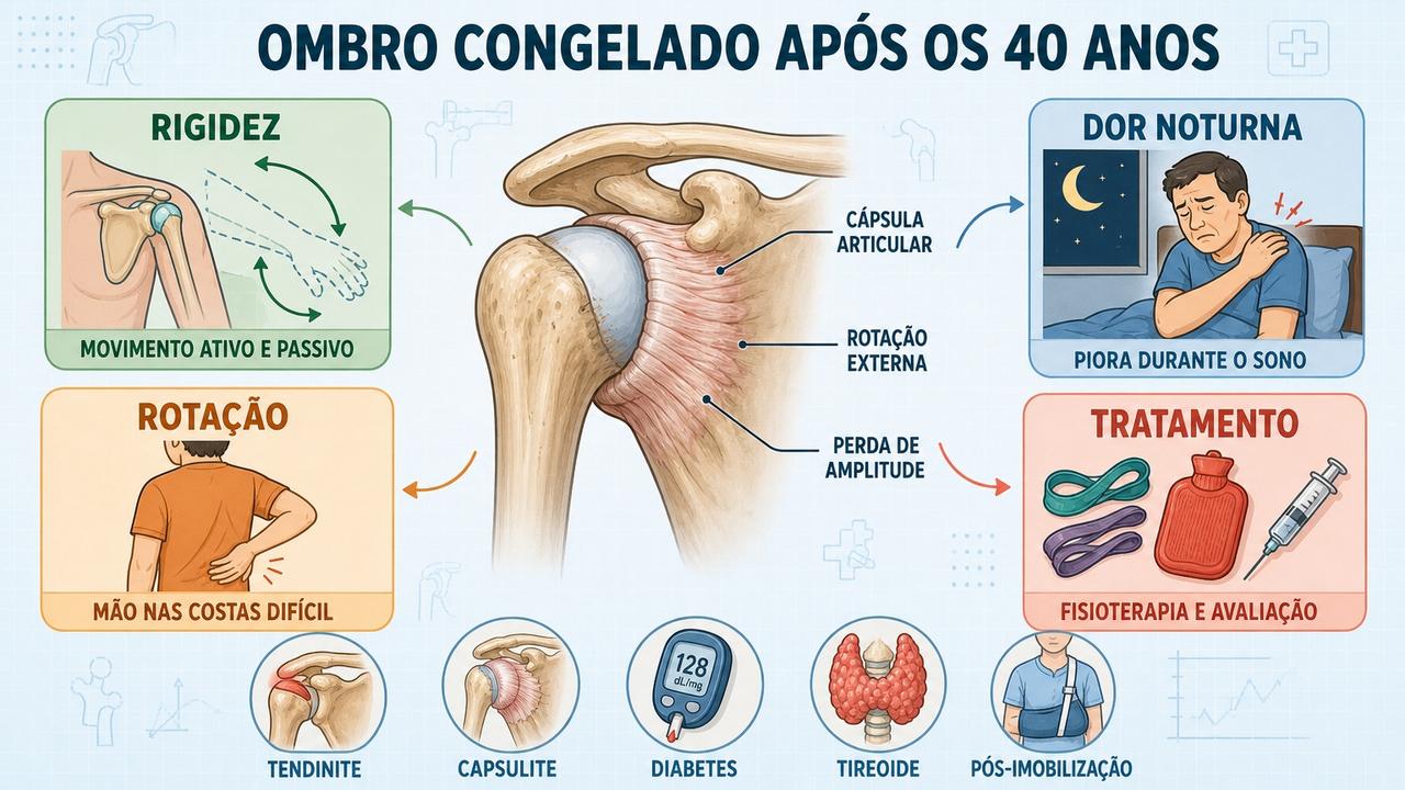 Infográfico resume sinais, limitações e tratamento inicial do ombro congelado.