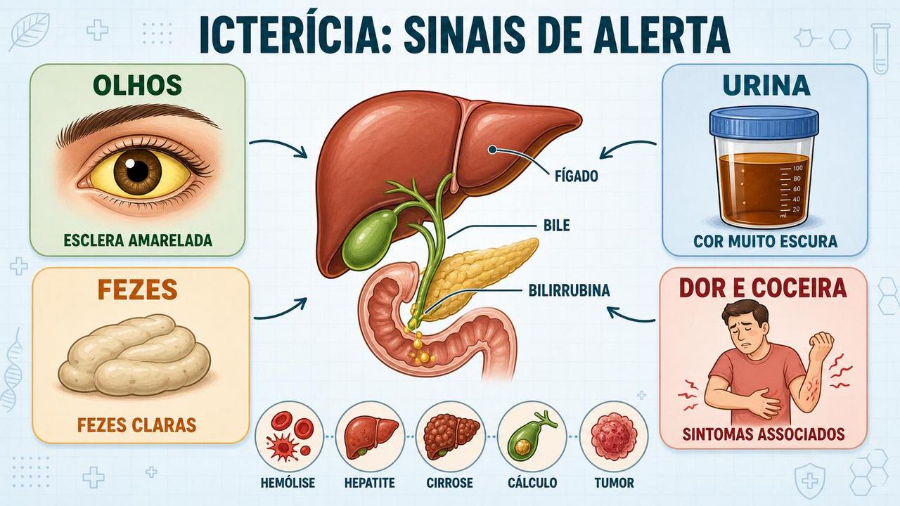 Infográfico resume sinais de icterícia e possíveis causas hepáticas ou biliares.