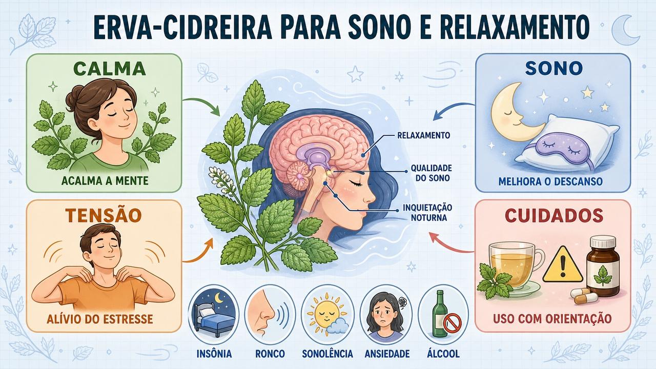 Infográfico resume benefícios, cuidados e sinais de alerta ligados à erva-cidreira.