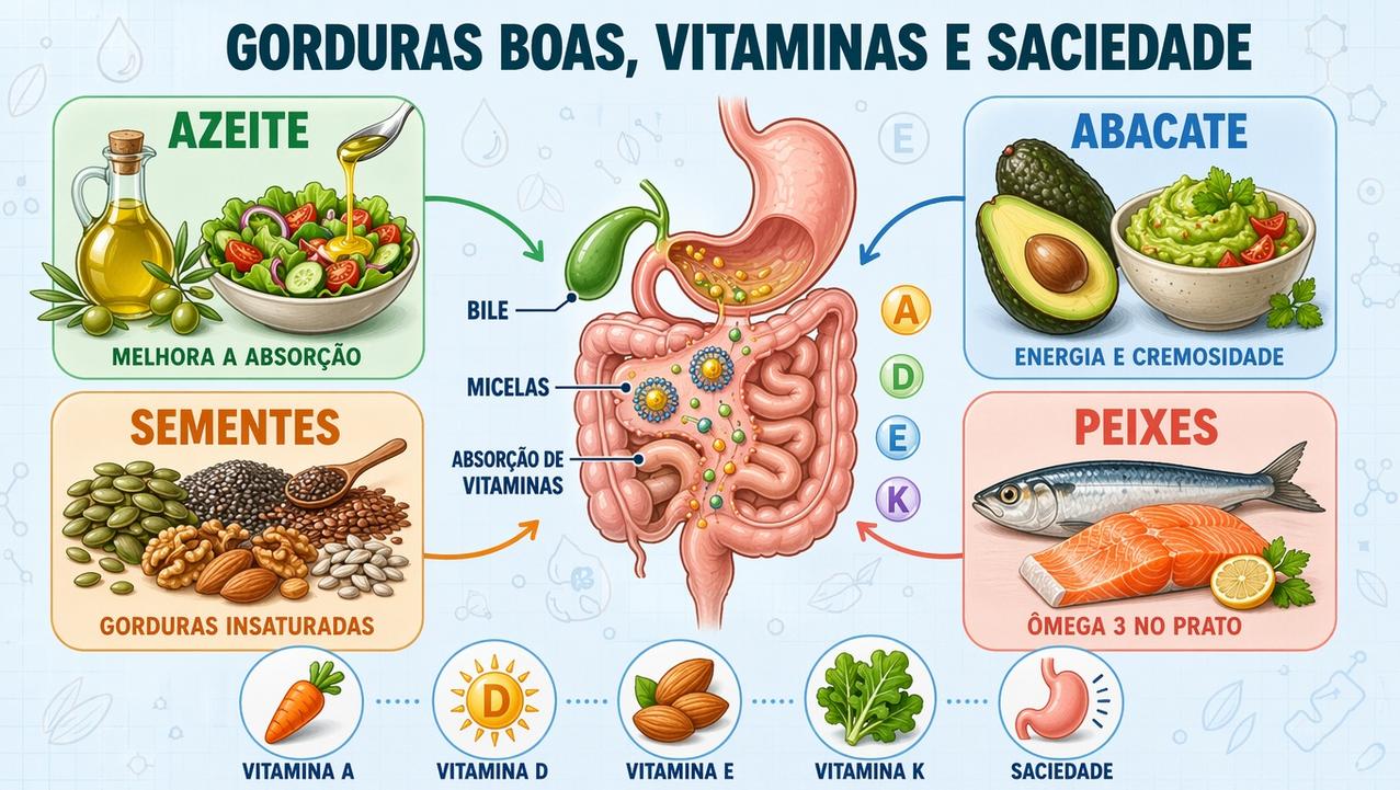 Azeite, abacate, sementes e peixes apoiam absorção de vitaminas e saciedade.