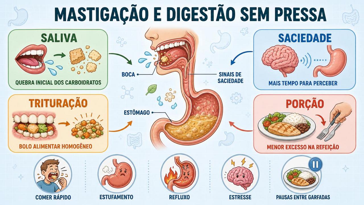 Saliva, saciedade, trituração e porção formam os pilares da mastigação consciente.