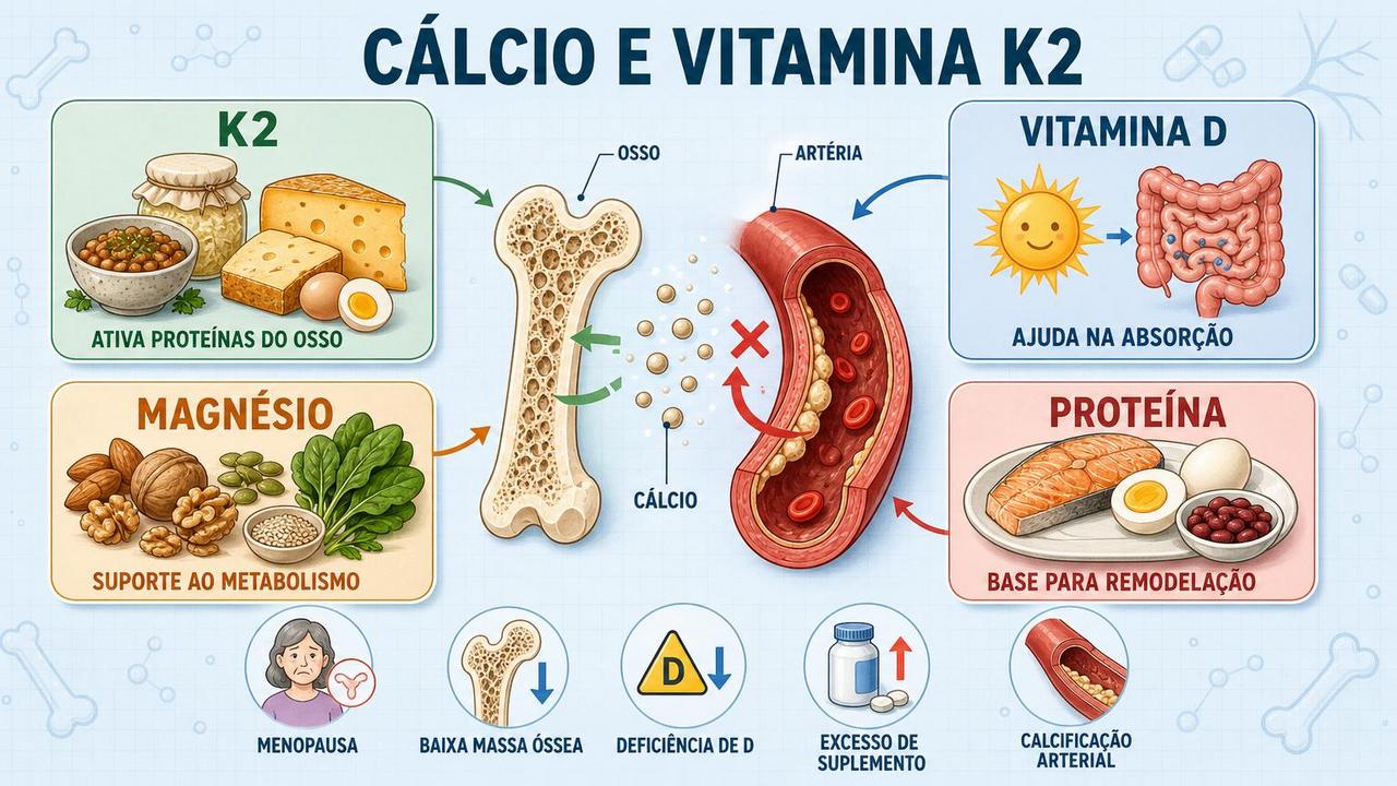 K2, vitamina D, magnésio e proteína influenciam o destino do cálcio.