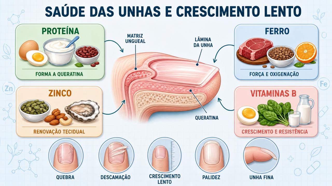 Proteína, ferro, zinco e vitaminas B sustentam crescimento e resistência das unhas.