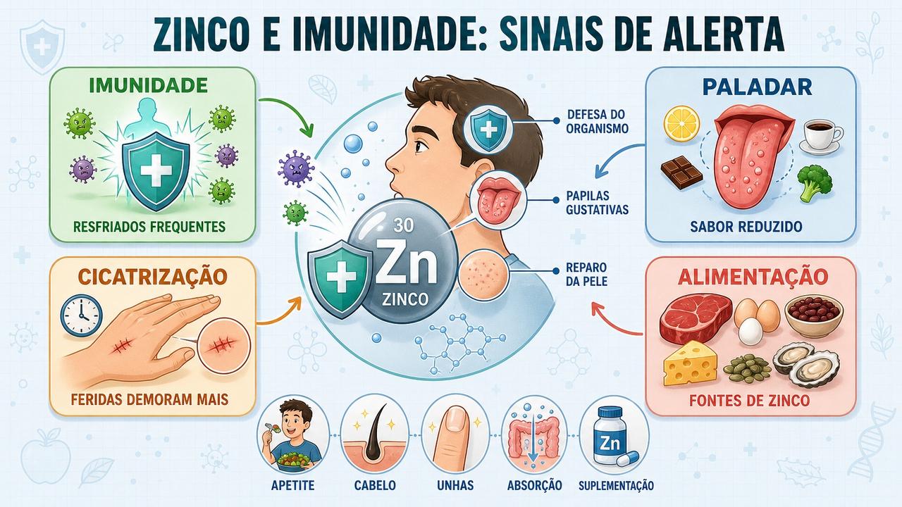 Infográfico resume sinais, funções e fontes alimentares importantes de zinco.