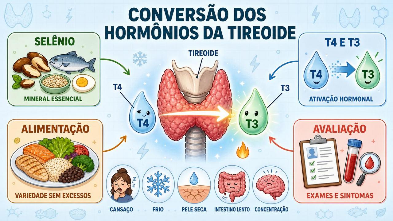 Infográfico mostra selênio, ativação hormonal, alimentação e avaliação dos sintomas tireoidianos.