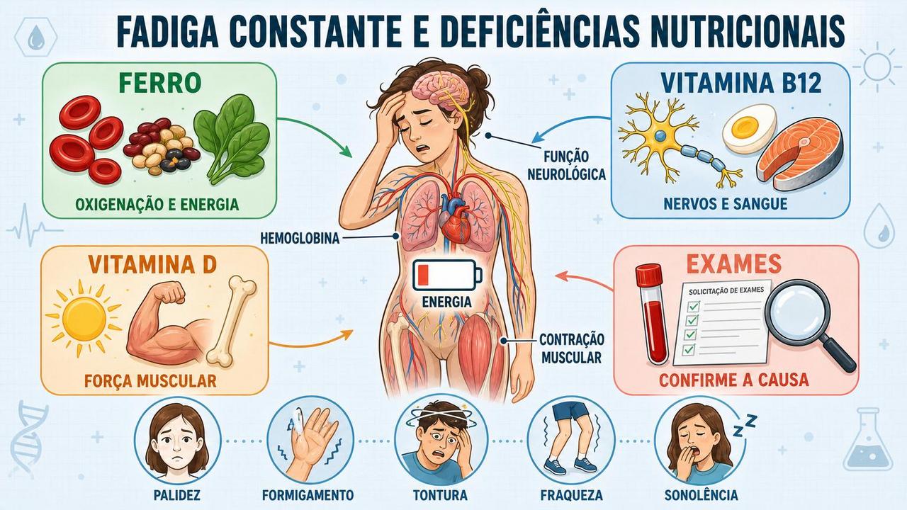 Ferro, vitamina B12, vitamina D e exames orientam a investigação da fadiga.