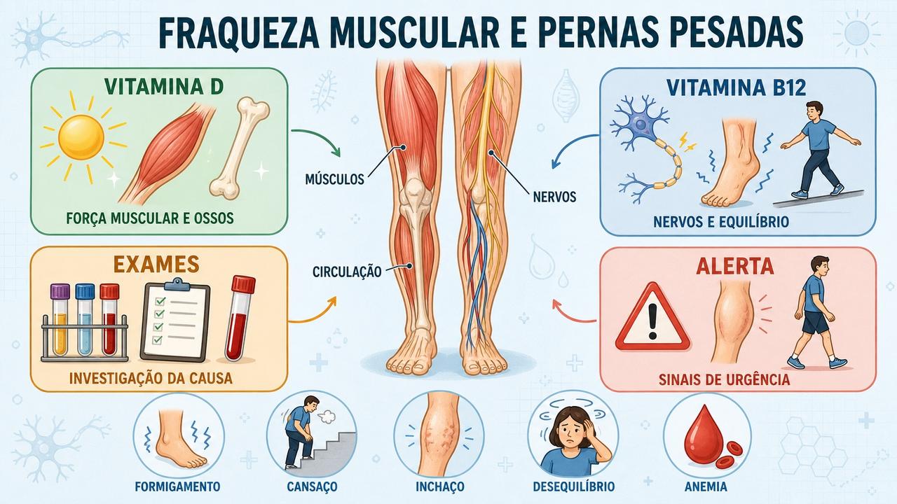 Infográfico resume vitaminas, exames e sinais de alerta ligados às pernas pesadas.