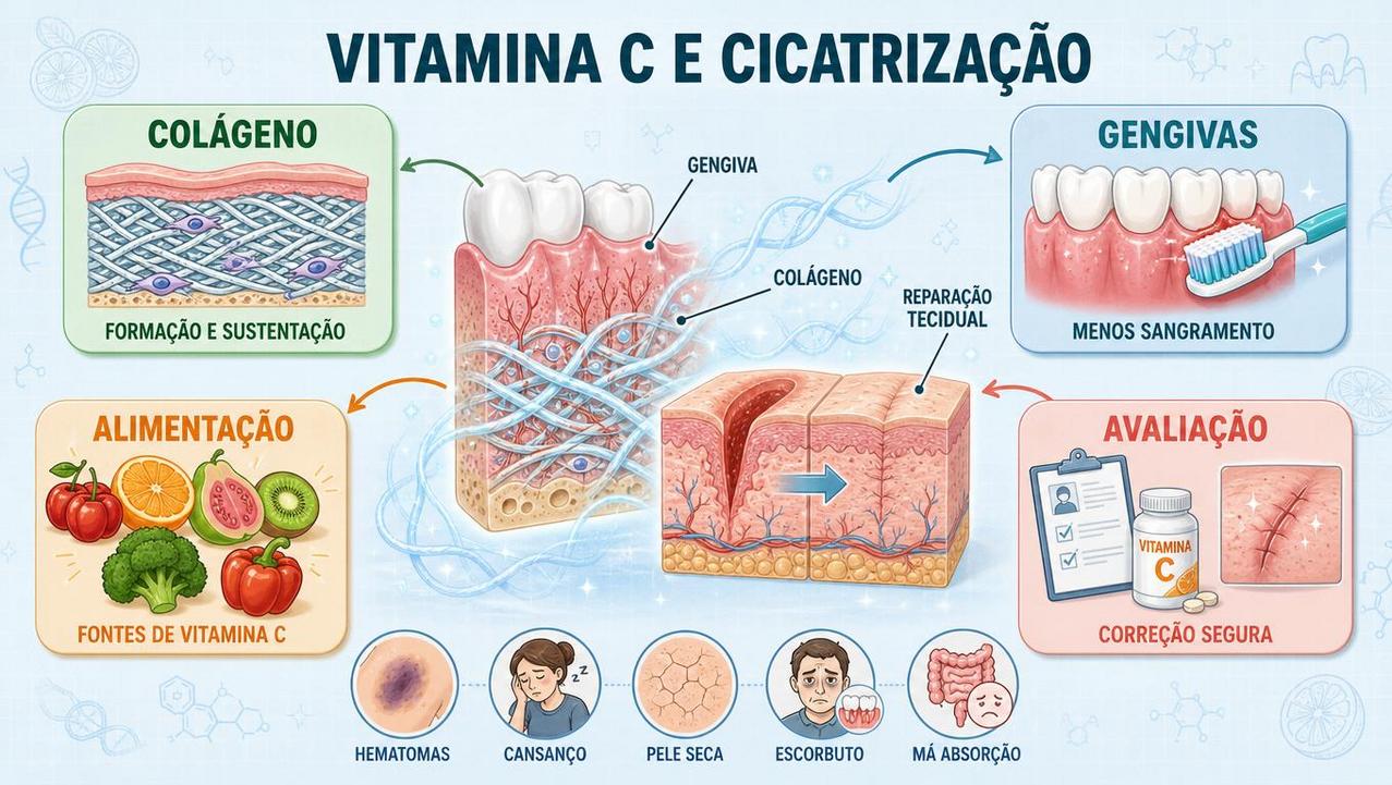 Colágeno, gengivas, alimentação e avaliação orientam a correção da deficiência.
