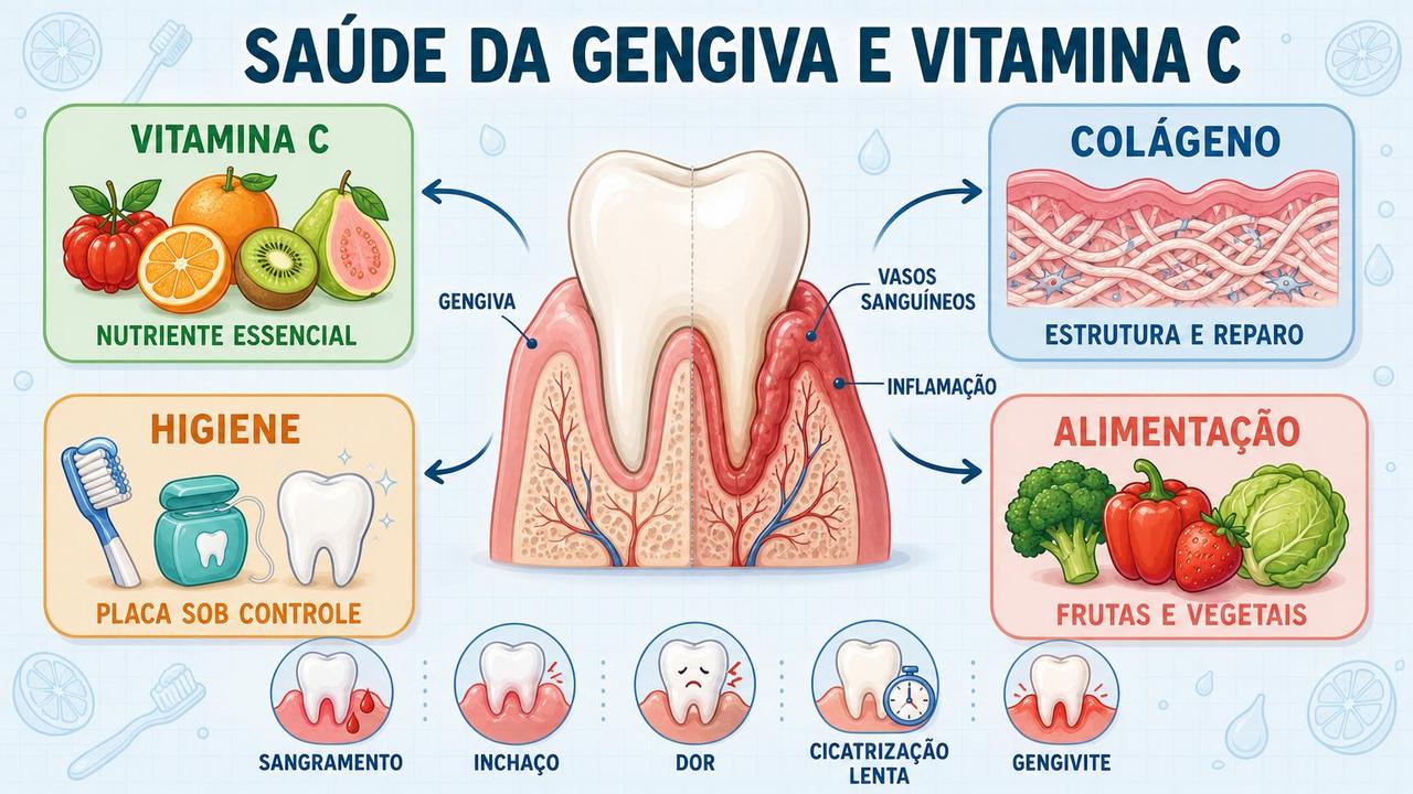Vitamina C, colágeno, higiene e alimentação sustentam a saúde da gengiva.