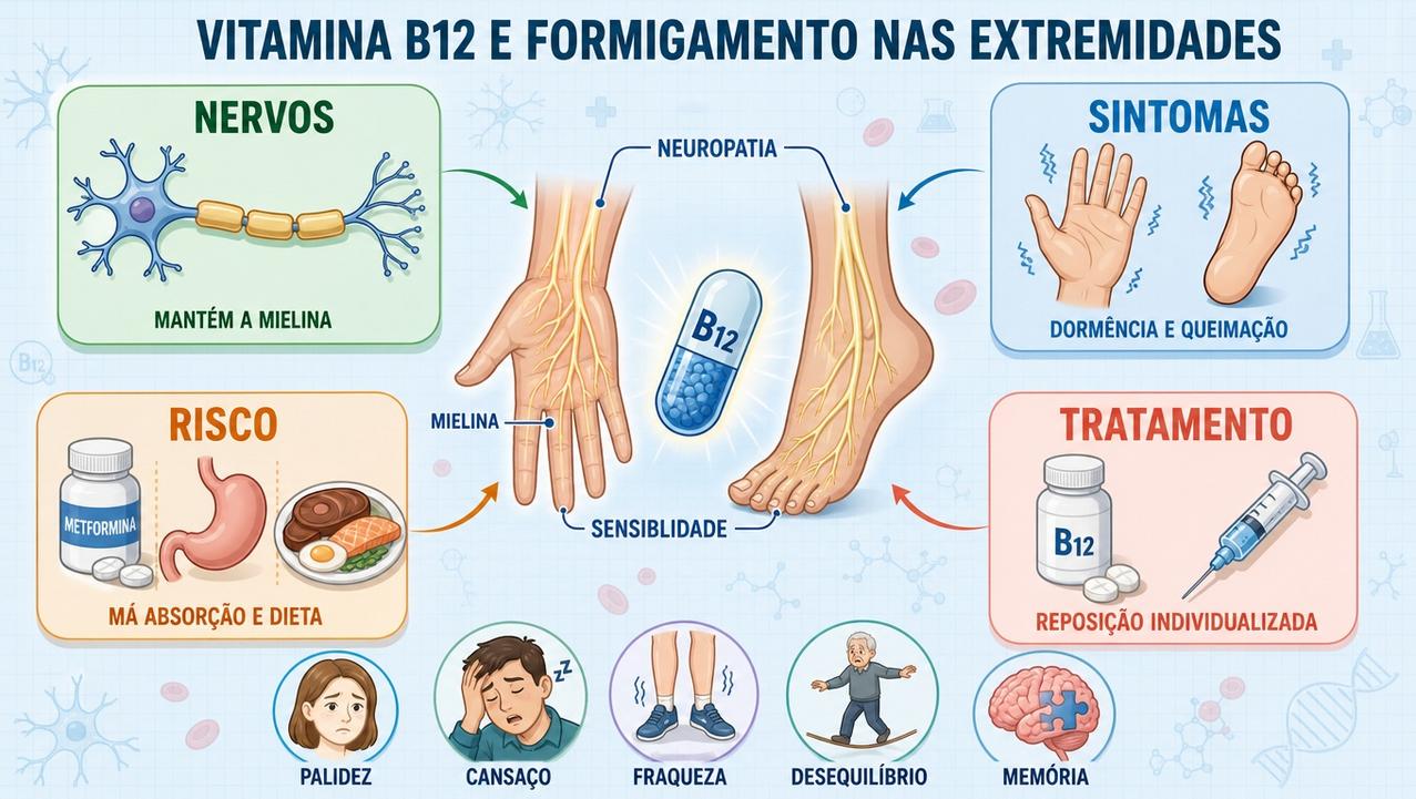 Infográfico resume nervos, sintomas, fatores de risco e tratamento da deficiência de B12.