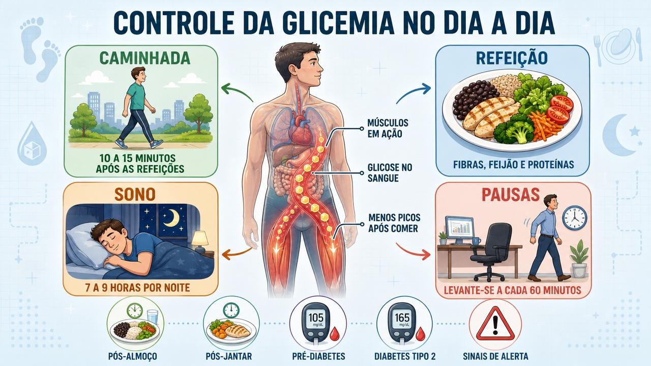 Quatro hábitos reforçam o controle glicêmico além da caminhada pós-refeição diária.