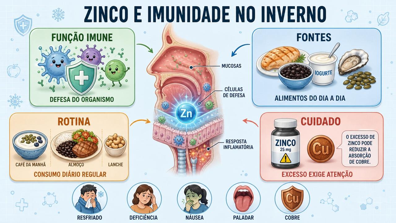 Função imune, fontes, rotina e cuidados resumem o papel do zinco.