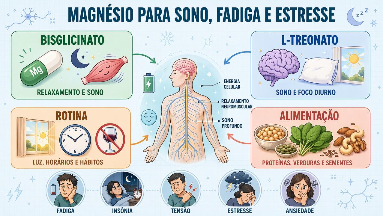 Infográfico resume formas de magnésio, rotina e alimentação para melhor recuperação.